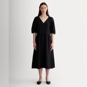 Everlane Linen Puff Sleeve Midi Dress Black Small Oversized A-Line V Neck Casual